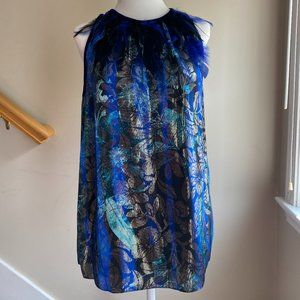 Shimmery Elie Tahari blue and gold top with blue velvet trim & feathers on neck